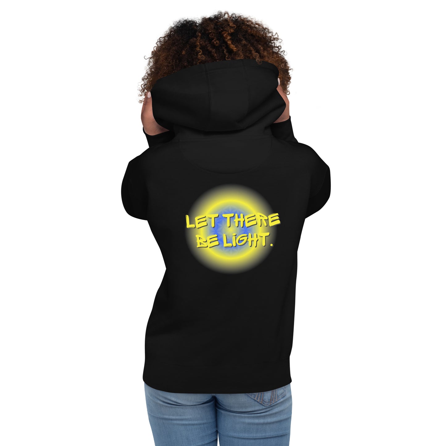 Sudadera con capucha unisex Light Riders con "Let There Be Light" en la espalda