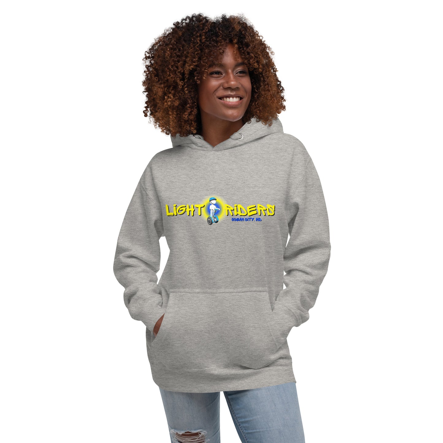 Sudadera con capucha unisex Light Riders con "Let There Be Light" en la espalda