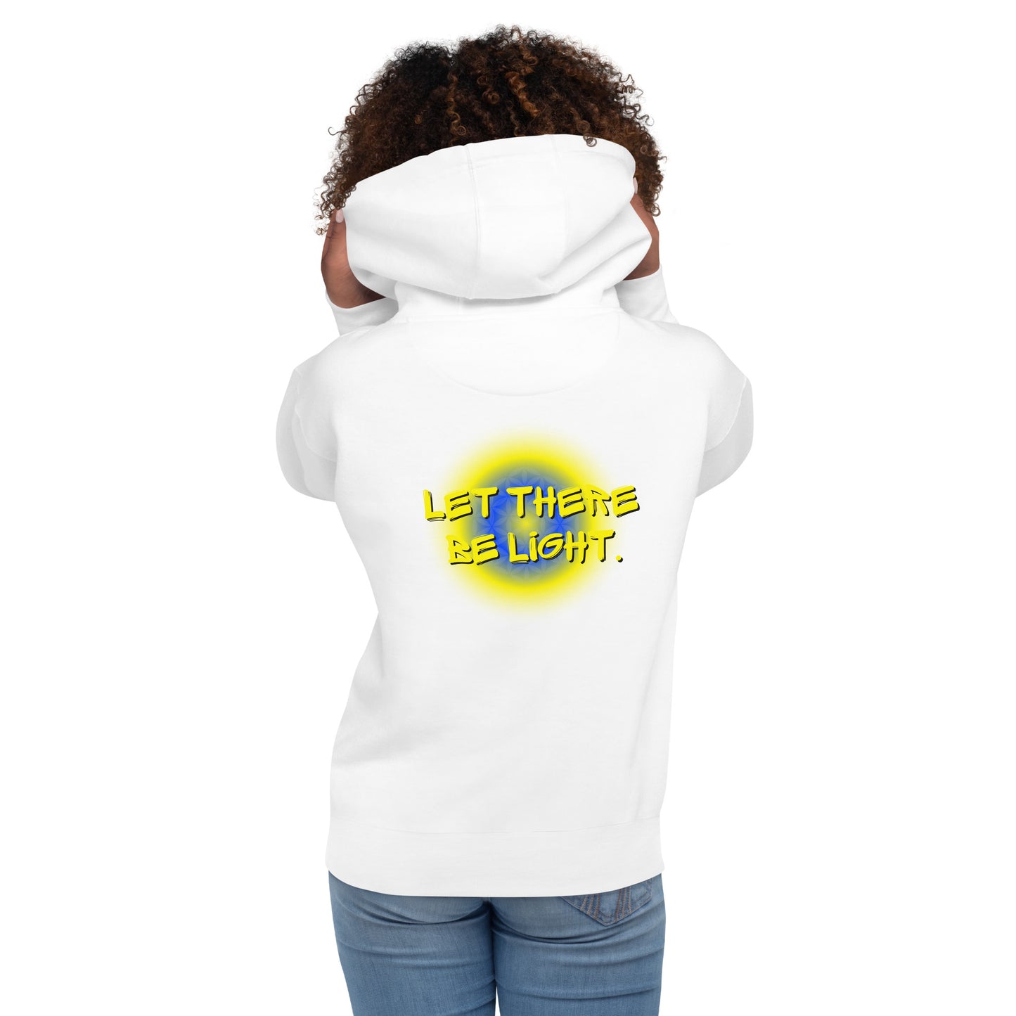 Sudadera con capucha unisex Light Riders con "Let There Be Light" en la espalda