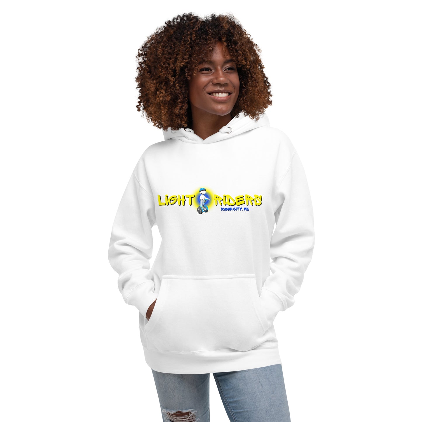 Sudadera con capucha unisex Light Riders con "Let There Be Light" en la espalda